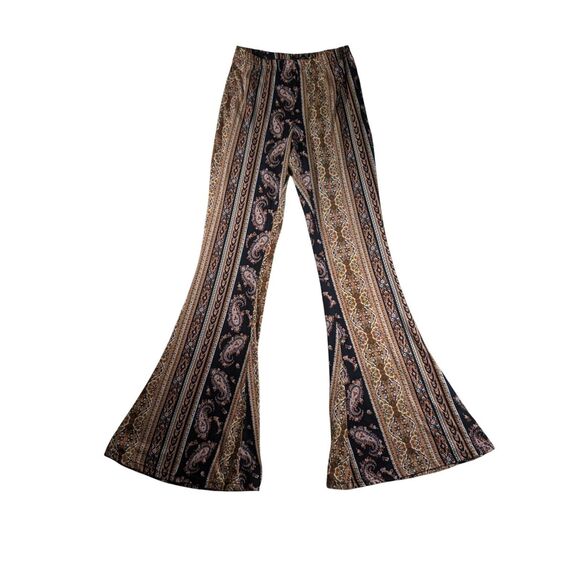 Mind Code SMALL Flared Ankle Pants Black Brown BoHo Paisley Design High Waist - Picture 3 of 9